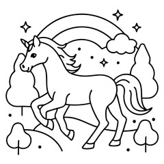 Unicorn with a flowing mane flying through a rainbow