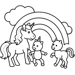 Unicorn family playing in a field of rainbows,
