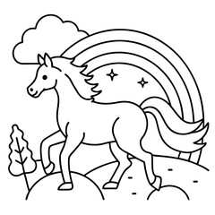 Unicorn with a flowing mane flying through a rainbow