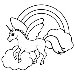 Unicorn with butterfly wings fluttering over a rainbow