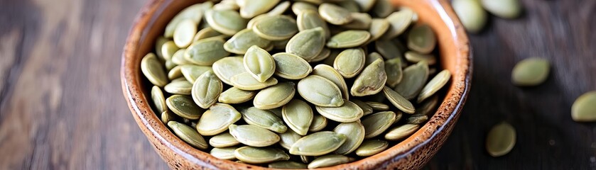 Handful of pumpkin seeds in a ceramic dish, brain boosting snack, rich in magnesium. Good choice for vegetarian. Good for health.