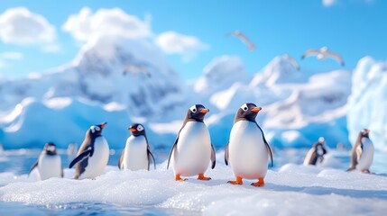 Fototapeta premium A group of playful penguins on a snowy landscape, with icy mountains and vibrant blue skies creating a serene Arctic scene.