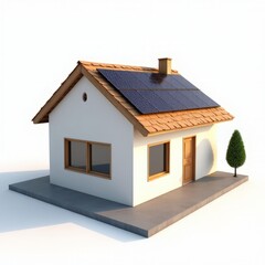 3D house with solar panels on the roof on a white background