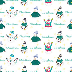 Fototapeta premium Snowman seamless pattern background. 