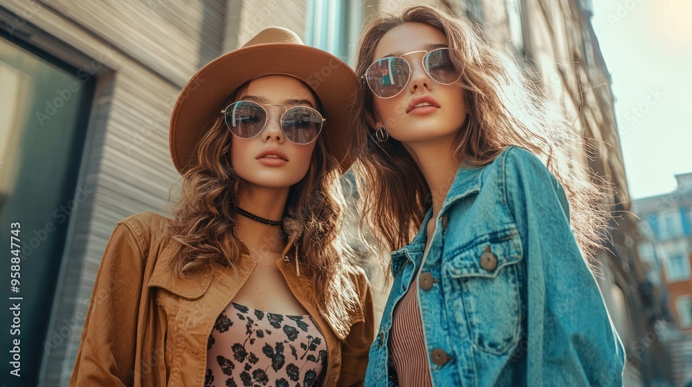 Wall mural beautiful young women posing in stylish outfits.