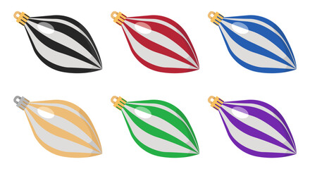 Fototapeta premium Set of Christmas tree decorations. Isolated on white background vector illustration. Black, red, blue, gold, green and purple Christmas decorations.
