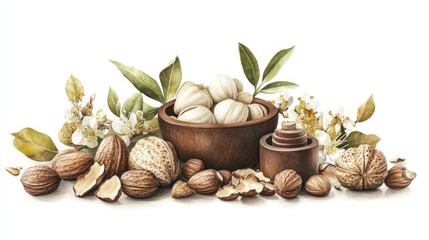 Watercolor illustration of almonds, a bowl of almonds, and almond oil.