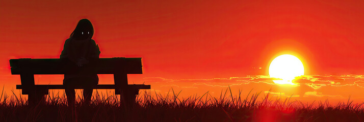 The Sorrowful Sunset: A woman sitting alone on a bench, watching the fading light with tears streaming down her face.