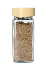 Cumin powder in glass jar isolated on white