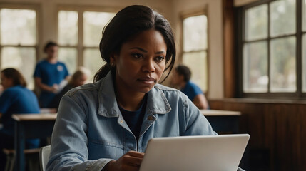 Focused woman of color working on a laptop in a classroom setting with students in background