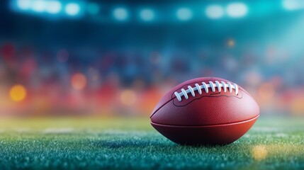  American football in sharp focus with the stadium crowd blurred in the background