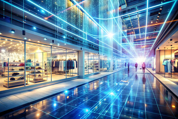 Fototapeta premium AI Powered Retail Transformation: Abstract Digital Art Illustrating Dynamic Light Patterns and Textures Symbolizing Innovative Cost-Efficient Solutions for Retail Technology Evolution
