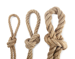 Hemp ropes with loops isolated on white, top view