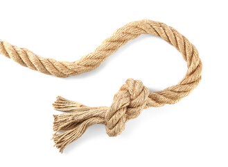 Hemp rope with knot isolated on white, top view