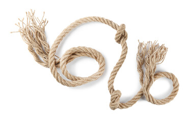 Hemp rope with knots isolated on white, top view