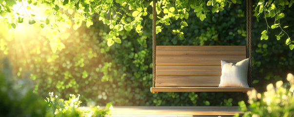 A serene wooden swing nestled in a lush garden, illuminated by soft sunlight, perfect for relaxation and enjoyment in nature.