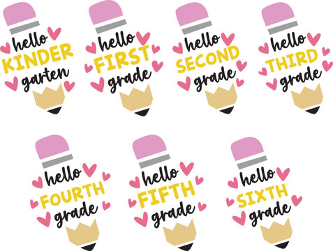 Hello grade pencil graphic. Back to school pencil design for kindergarten through sixth grade.