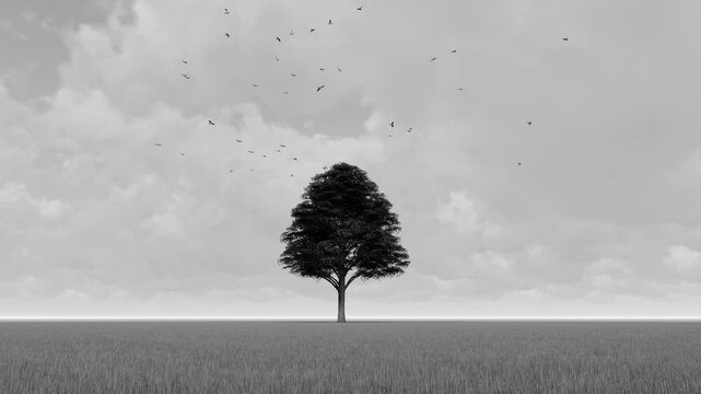 Lonely tree. The tree is in the field at sunset and lonely mystery tree on a mountain meadow, 4k video, surreal landscape. Magical sunset with a tree and fog in autumn time.	