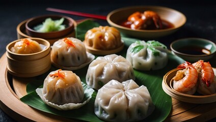 Vibrant dim sum dishes including BBQ pork buns and crystal shrimp dumplings.