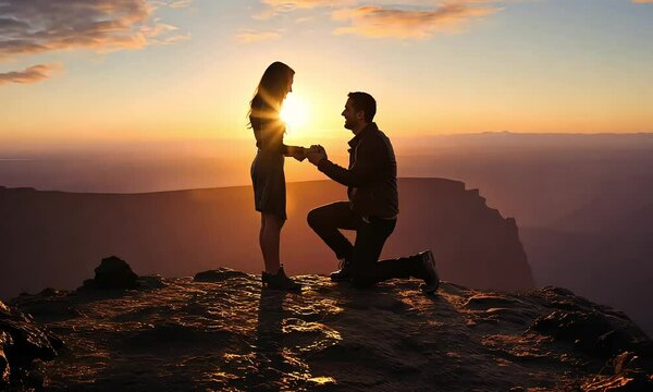 Sunset Proposal: A romantic silhouette of a man proposing to his beloved against a breathtaking sunset backdrop, capturing the promise of forever in a moment of pure love and joy.  