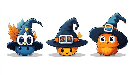 Playful cartoon characters featuring cute animals wearing witch hats, perfect for Halloween and festive designs.