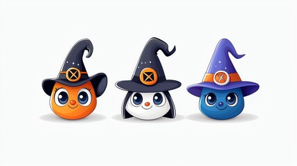 Fototapeta premium Cute cartoon characters wearing wizard hats, perfect for Halloween themes and children's designs.