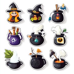 Colorful witch-themed stickers featuring cauldrons with potions and magical elements, perfect for Halloween decoration.