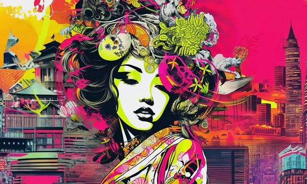 Urban Geisha Fusion: A captivating portrait blends traditional Japanese geisha imagery with vibrant urban elements, creating a striking visual fusion of cultures and styles.