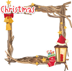 Christmas frame with lantern illustration on transparent background.
