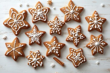 Star-Shaped Gingerbread Cookies on White Wooden Background