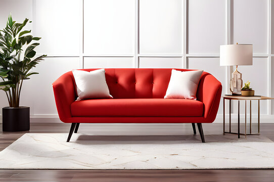 modern living room with red sofa and white cushions