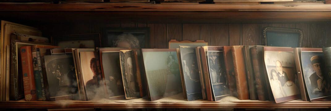 The Forgotten Photo Album: Dusty photo albums gathering dust on a shelf, their memories fading with time.