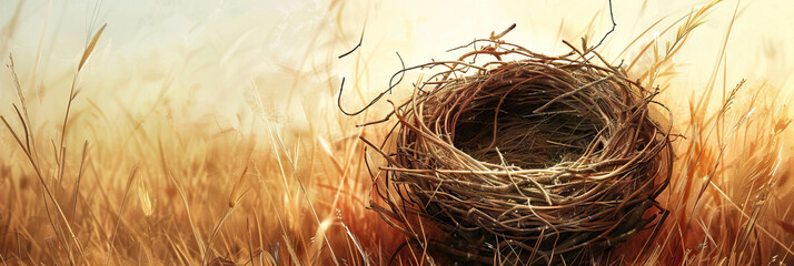 The Empty Nest Syndrome: An empty bird's nest, devoid of the warmth and comfort that once was, symbolizing the loss of loved ones.