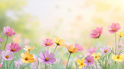 Serene, dreamy floral background design, pastel wildflowers blooming, meadow, soft bokeh background. spring, summer designs, invitations, and seasonal d&eacute;cor, natural, peaceful vibe. ample copy space