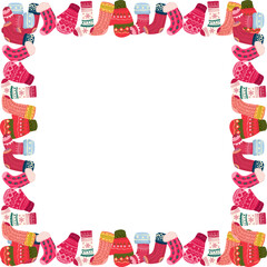 Christmas sock and mitten square frame illustration on transparent background.

