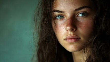 Fototapeta premium Close-up portrait of a young woman with a serious expression.