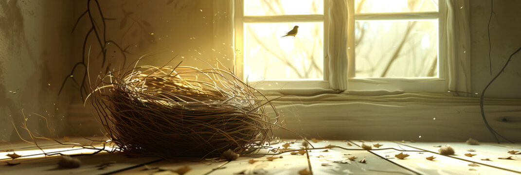 The Empty Nest Syndrome: An empty bird's nest, devoid of the warmth and comfort that once was, symbolizing the loss of loved ones.