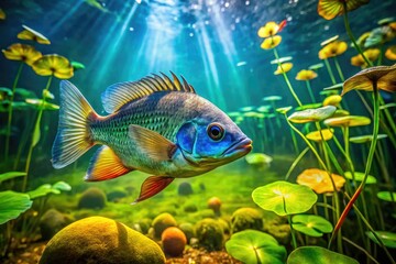 A vibrant bluegill fish swims in a clear lake, its iridescent scales shimmering in the sunlight, surrounded by lush green aquatic plants and water lilies.