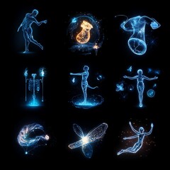 A stunning collection of glowing human and abstract shapes, symbolizing movement, energy, and transformation in a vivid digital style.