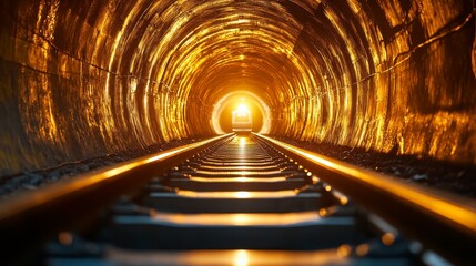 Dynamic View of a Railway Track Inside a Tunnel with an Approaching Train from Afar, Capturing the Depth, Motion, and Atmospheric Lighting in a Dark Underground Passage.