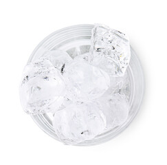 Refreshing water with ice cubes in glass isolated on white, top view