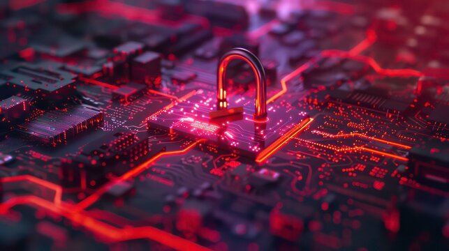 A close-up of a glowing circuit board with a padlock in the center. - Powered by Adobe
