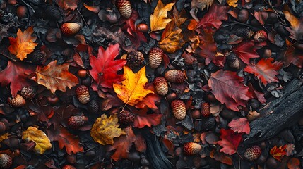 A detailed view of a cluster of acorns and bright red and yellow leaves scattered on the ground, with the rich texture of the leaves and bark visible