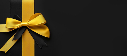 Elegant black gift wrapped with a striking yellow ribbon bow on a minimalistic background.