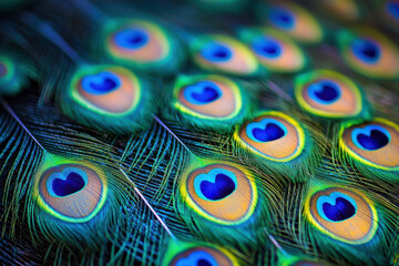 Obraz premium A macro photograph of a beautifully detailed peacock feather showcasing stunning iridescent colors with intricate patterns and vibrant hues, reflecting the elegance of nature's design.