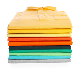 Stack of clean colorful t-shirts isolated on white
