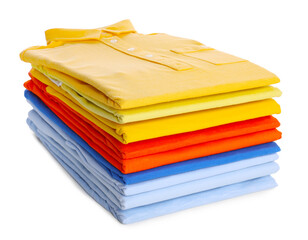 Stack of clean colorful t-shirts isolated on white