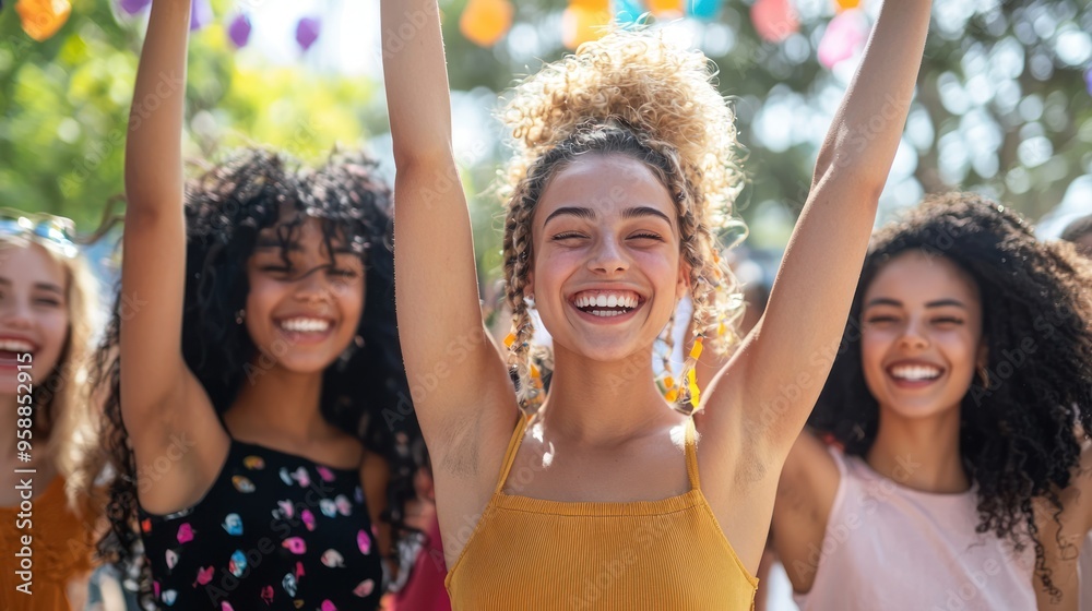 Wall mural diverse young women celebrating at a cultural event.