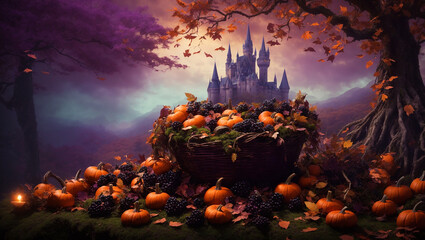 Fototapeta premium A cauldron filled with pumpkins and berries, with a spooky castle in the background.