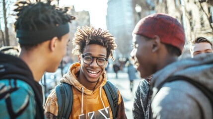 Obraz premium group of young males in a city environment, engaged in various youth culture activities and interactions.